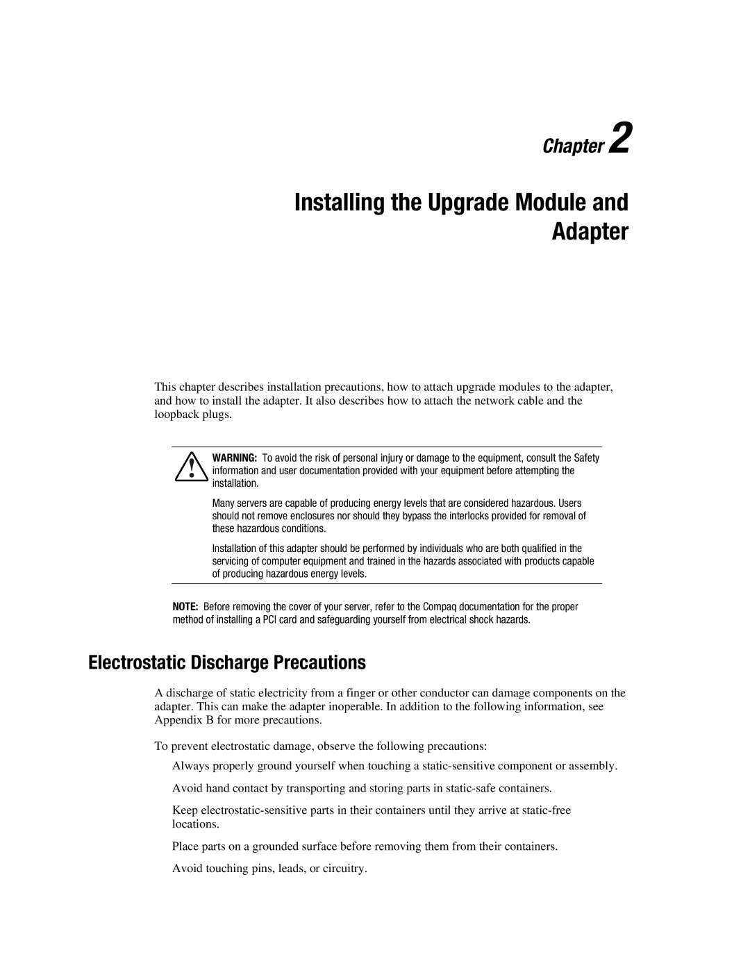 Compaq 3134 manual Installing the Upgrade Module Adapter, Electrostatic Discharge Precautions 