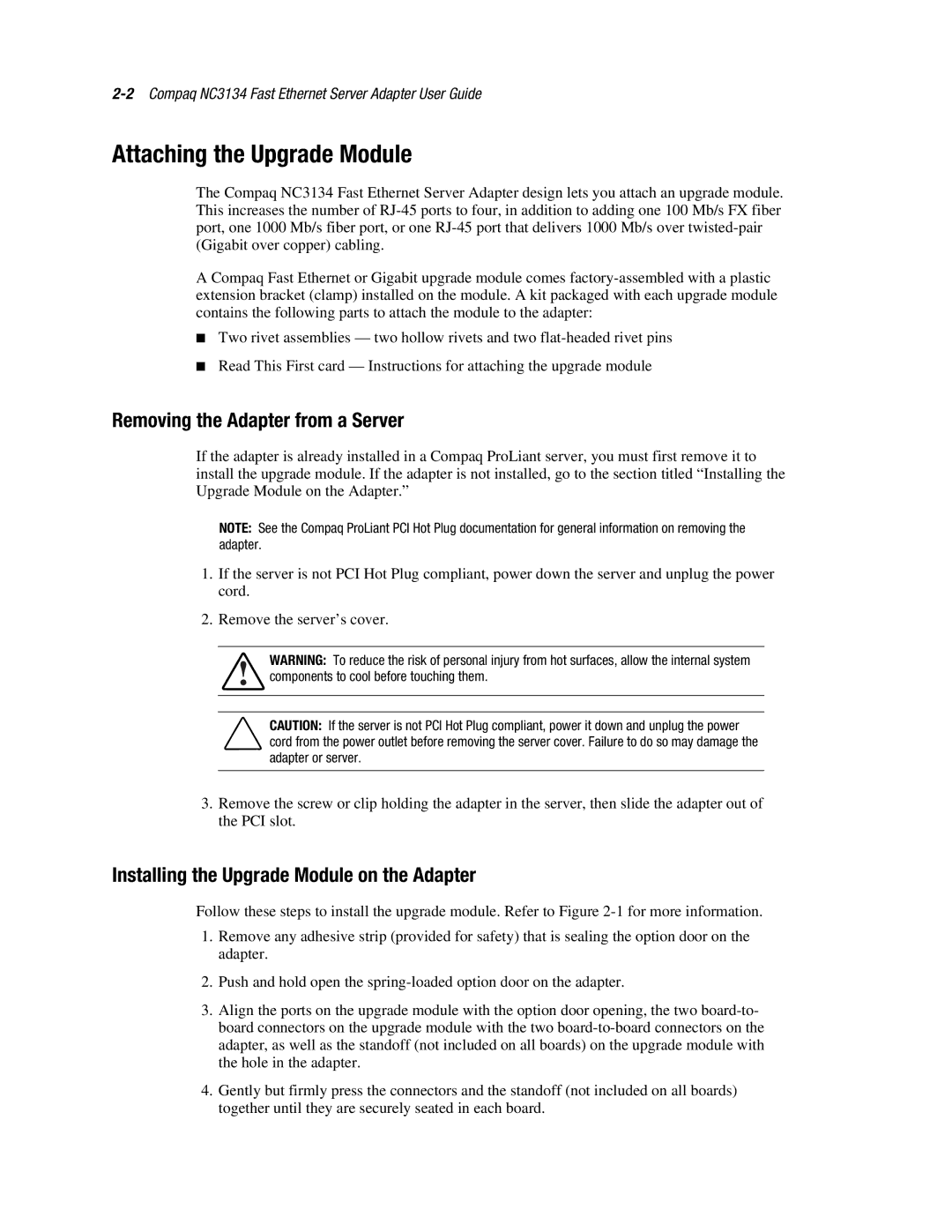 Compaq 3134 Attaching the Upgrade Module, Removing the Adapter from a Server, Installing the Upgrade Module on the Adapter 