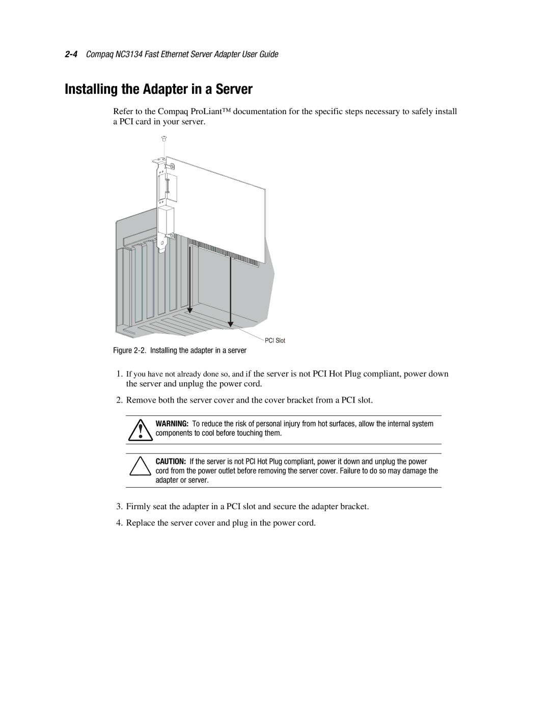 Compaq 3134 manual Installing the Adapter in a Server, Installing the adapter in a server 