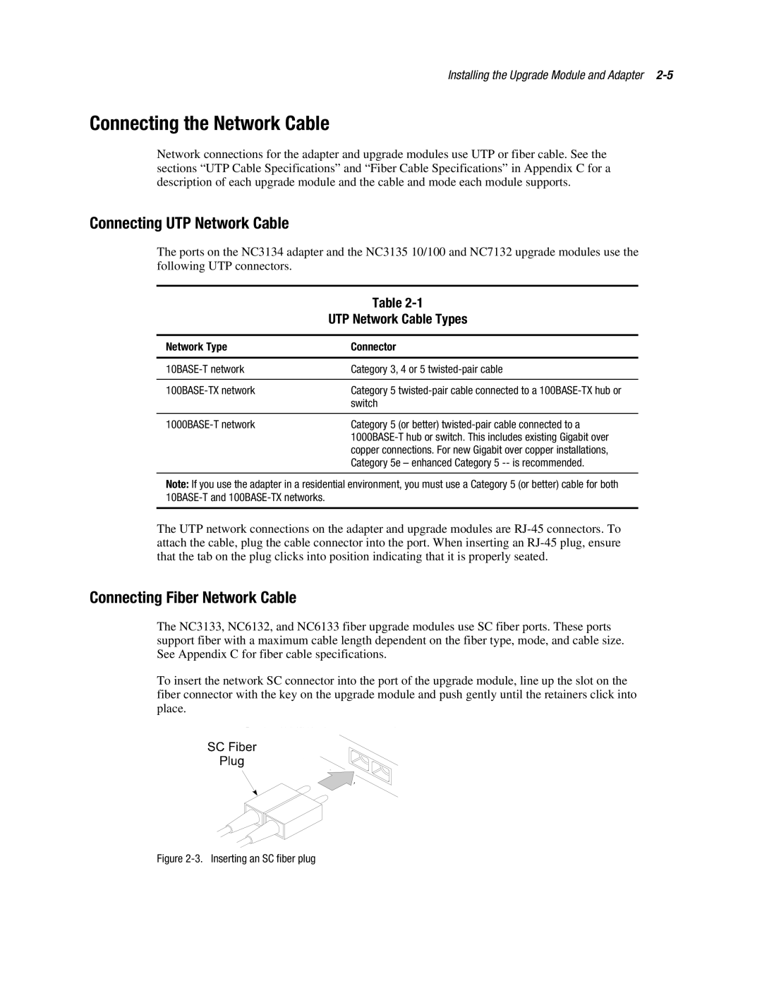 Compaq 3134 manual Connecting the Network Cable, Connecting UTP Network Cable, Connecting Fiber Network Cable 