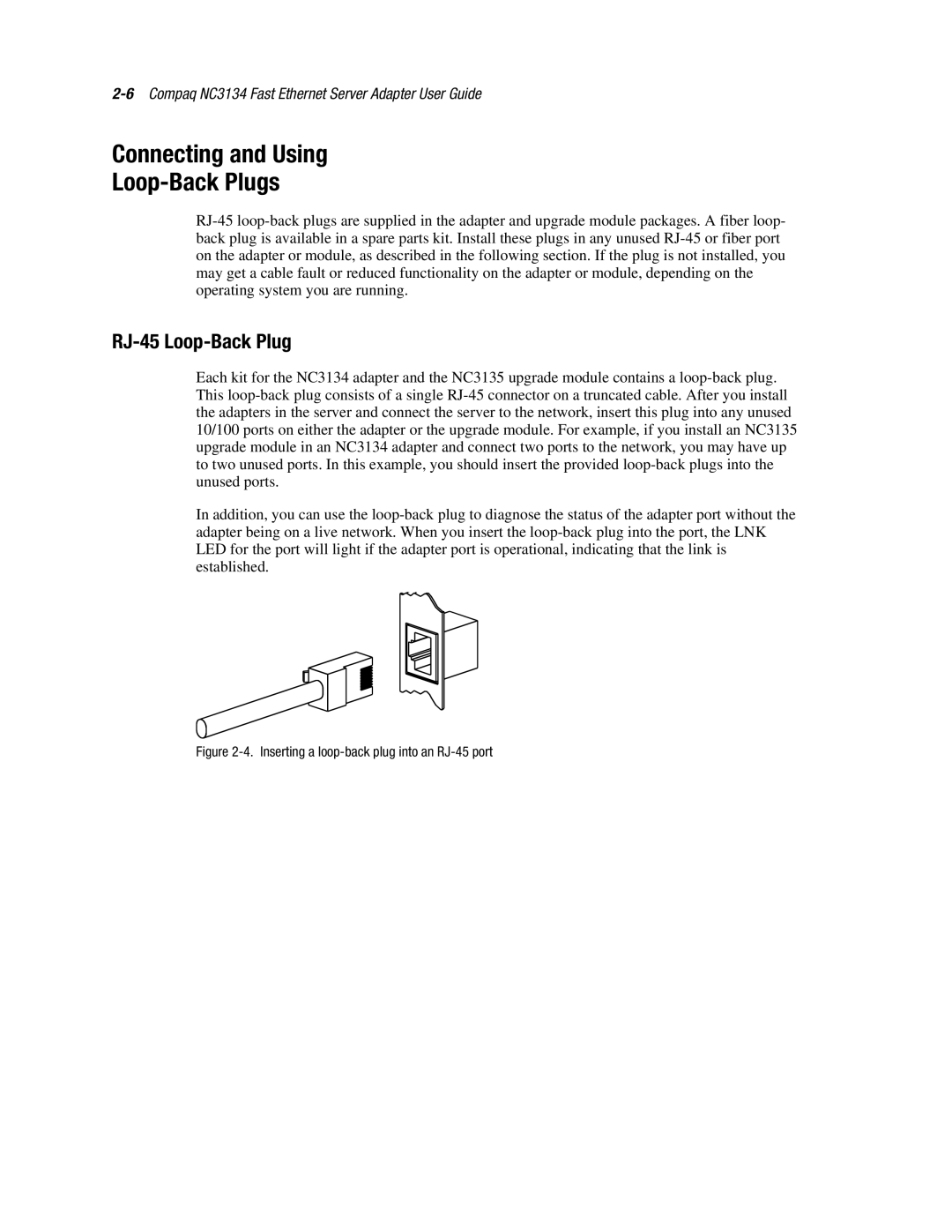 Compaq 3134 manual Connecting and Using Loop-Back Plugs, RJ-45 Loop-Back Plug 