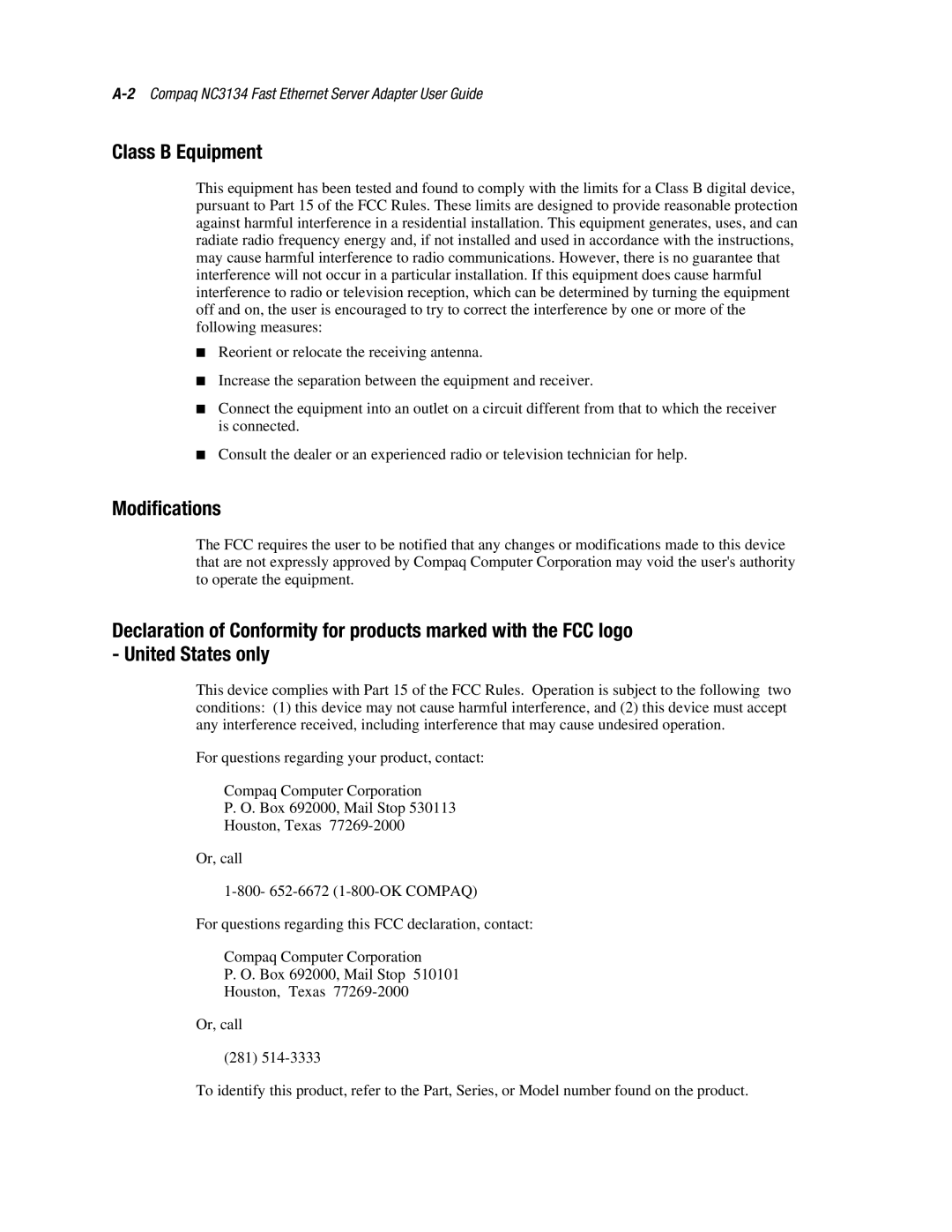 Compaq 3134 manual Class B Equipment, Modifications 