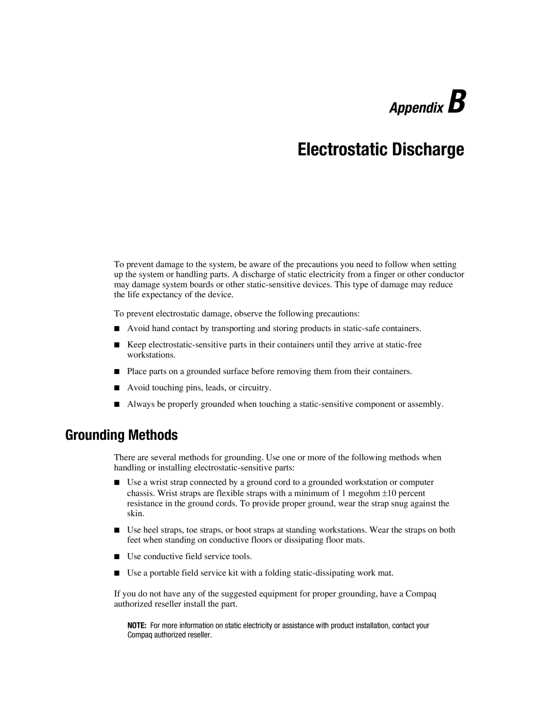 Compaq 3134 manual Electrostatic Discharge, Grounding Methods 