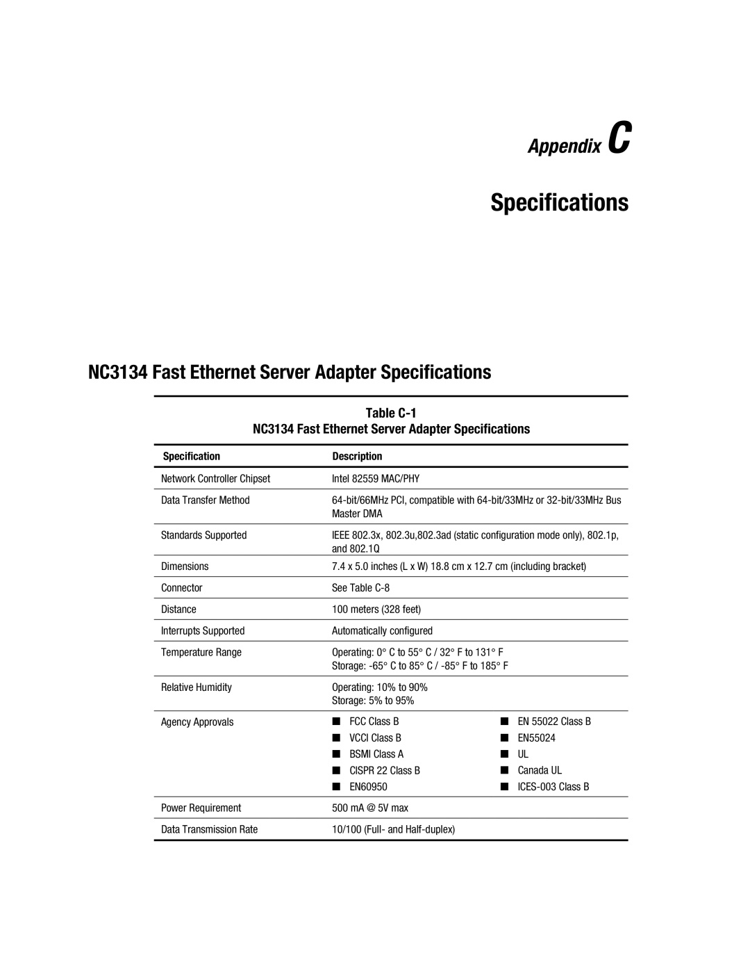 Compaq manual NC3134 Fast Ethernet Server Adapter Specifications 