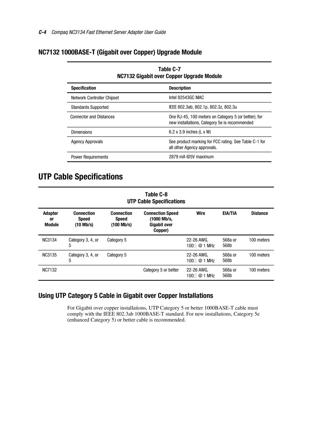 Compaq 3134 manual UTP Cable Specifications, NC7132 1000BASE-T Gigabit over Copper Upgrade Module 