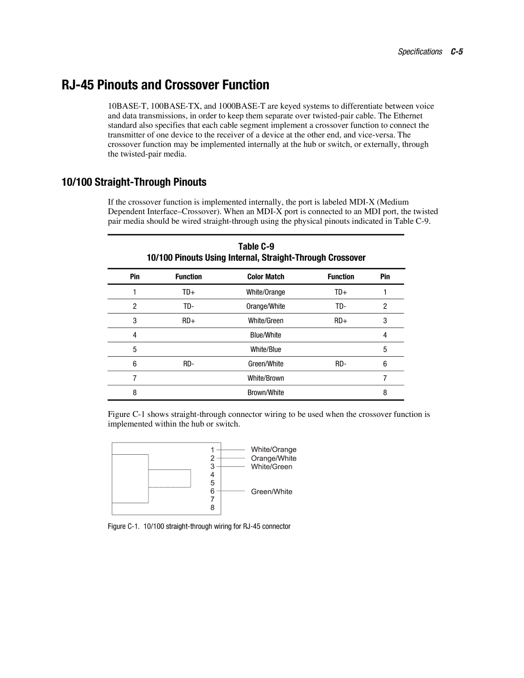 Compaq 3134 manual RJ-45 Pinouts and Crossover Function, 10/100 Straight-Through Pinouts 