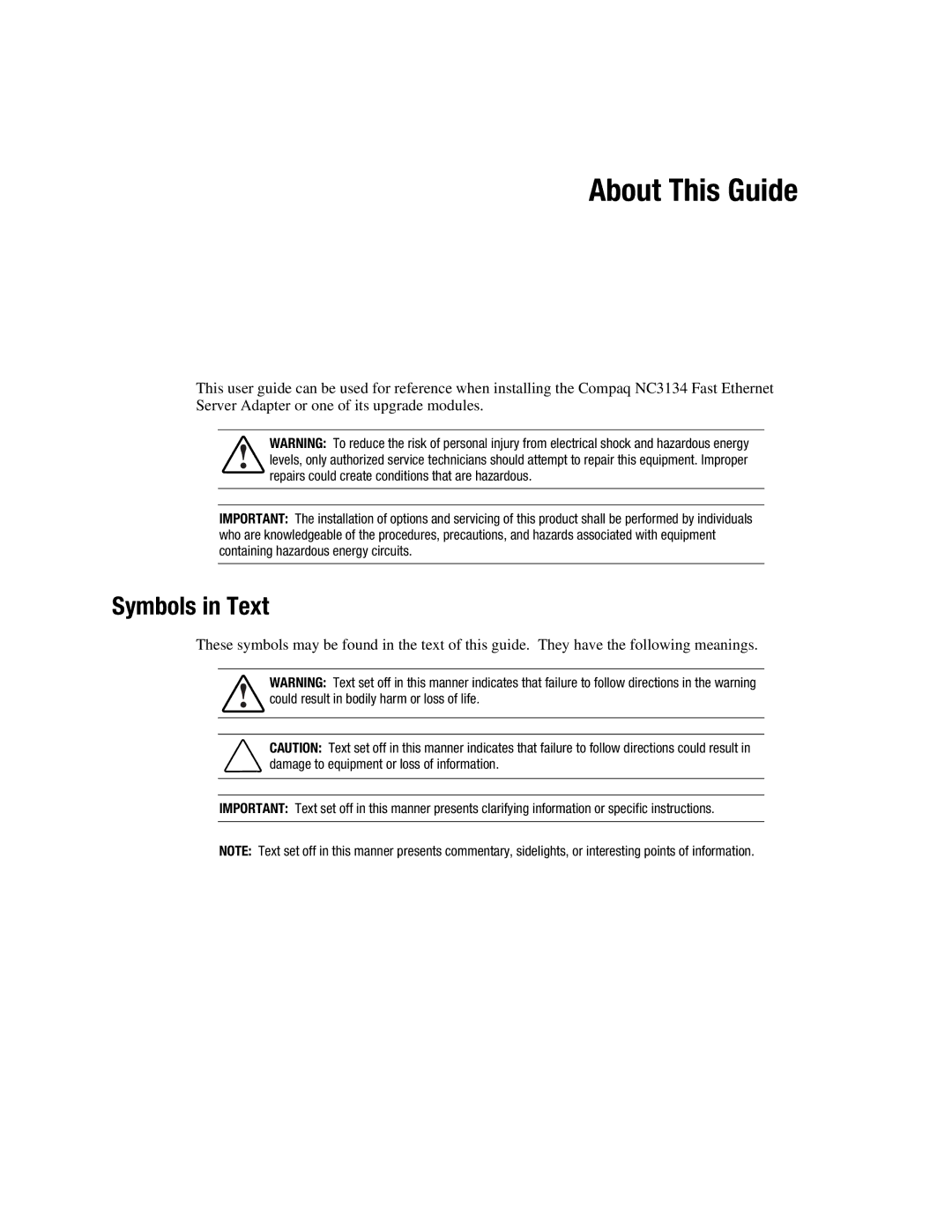 Compaq 3134 manual About This Guide, Symbols in Text 