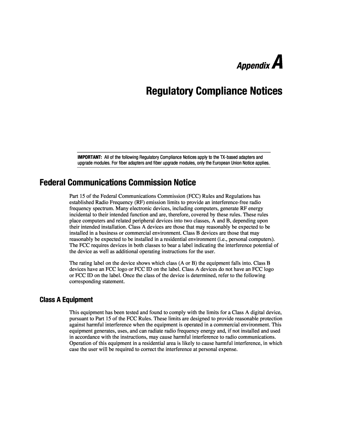 Compaq 3134 manual Regulatory Compliance Notices, Appendix A, Federal Communications Commission Notice, Class A Equipment 