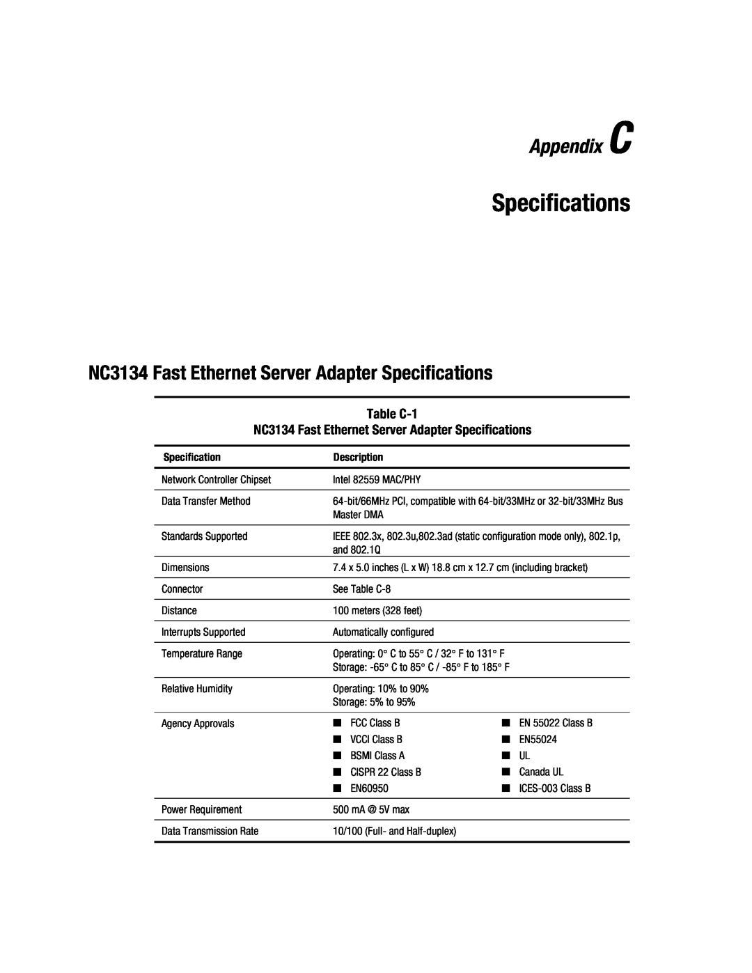 Compaq manual Appendix C, NC3134 Fast Ethernet Server Adapter Specifications, Description 