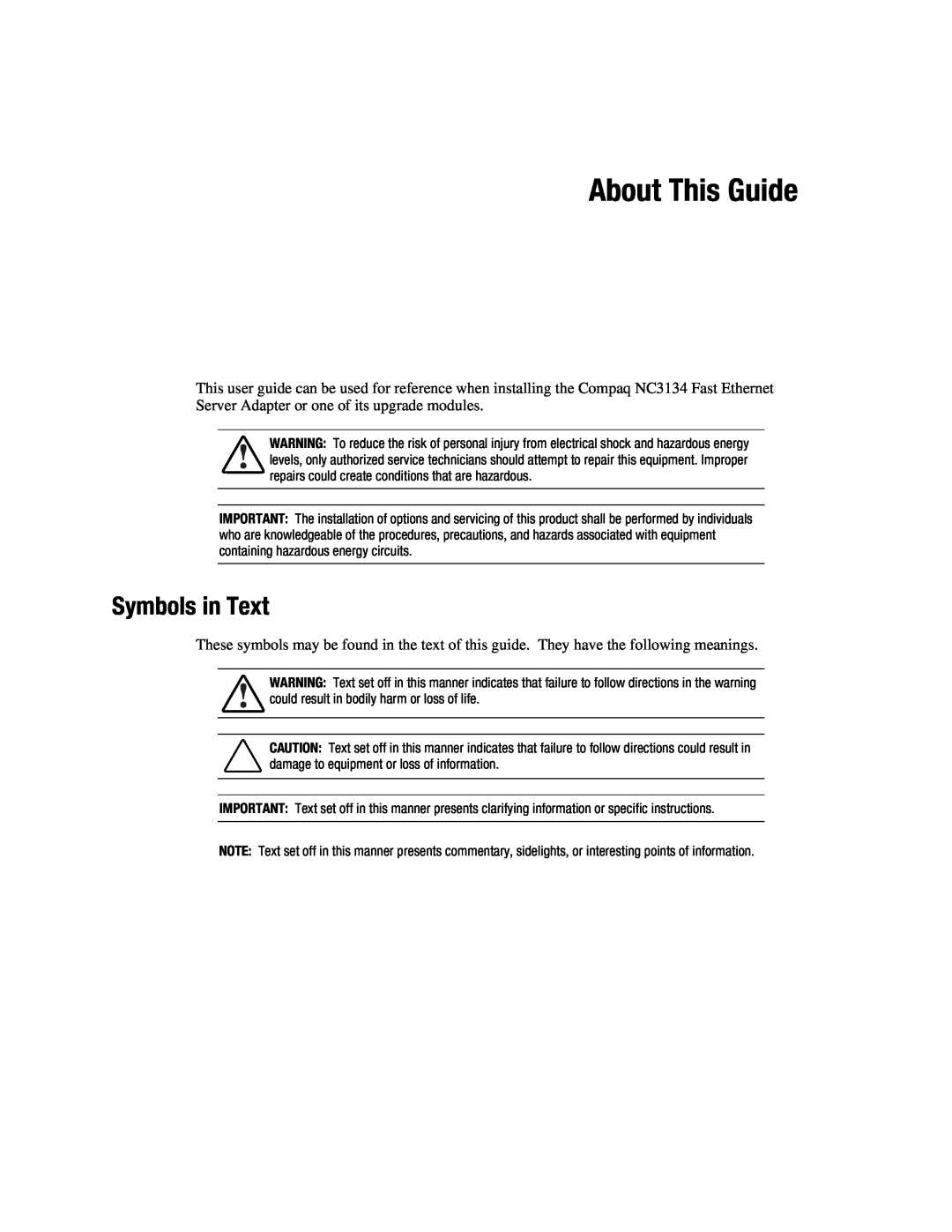 Compaq 3134 manual About This Guide, Symbols in Text 