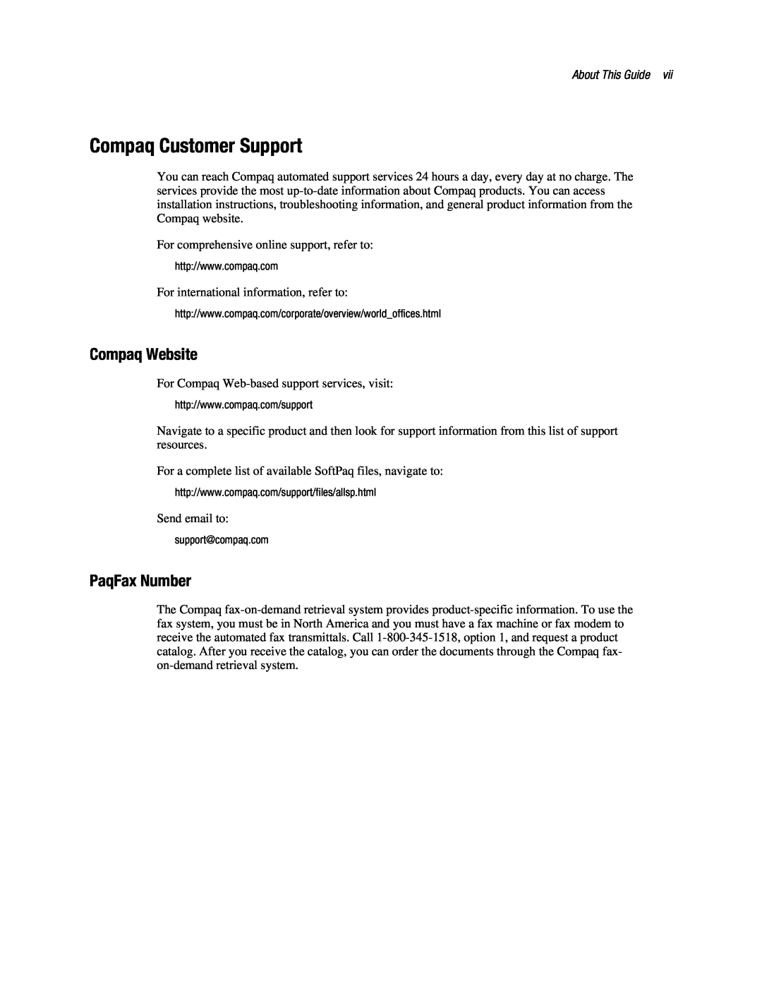 Compaq 3134 manual Compaq Customer Support, Compaq Website, PaqFax Number, About This Guide 