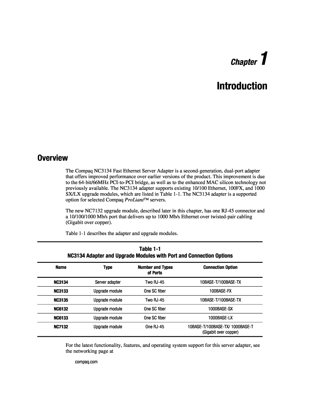 Compaq manual Introduction, Chapter, Overview, NC3134 Adapter and Upgrade Modules with Port and Connection Options 