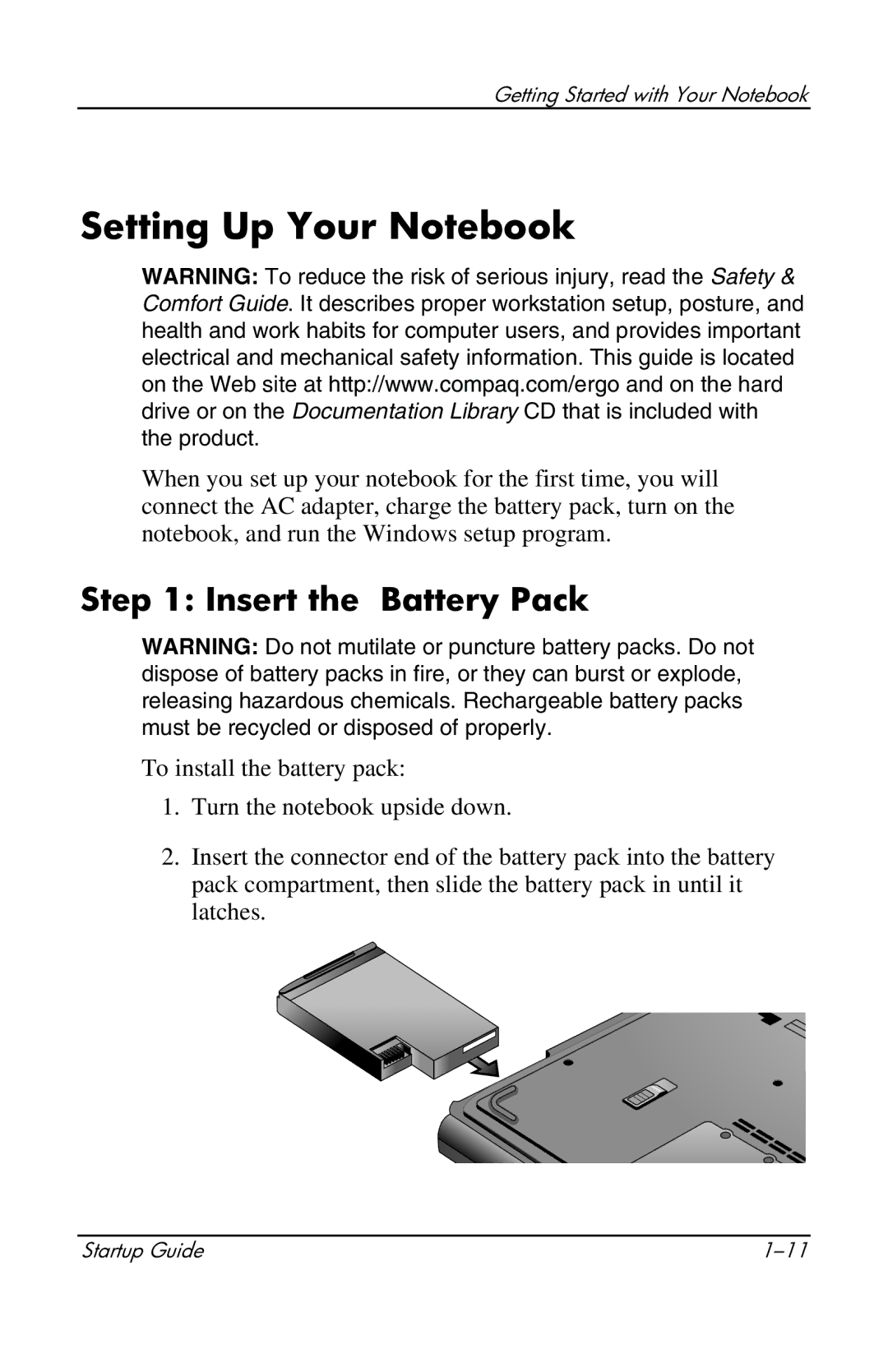 Compaq 319921-001 manual Setting Up Your Notebook, Insert the Battery Pack 