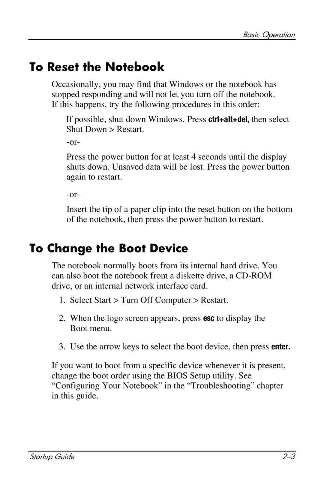 Compaq 319921-001 manual To Reset the Notebook, To Change the Boot Device 