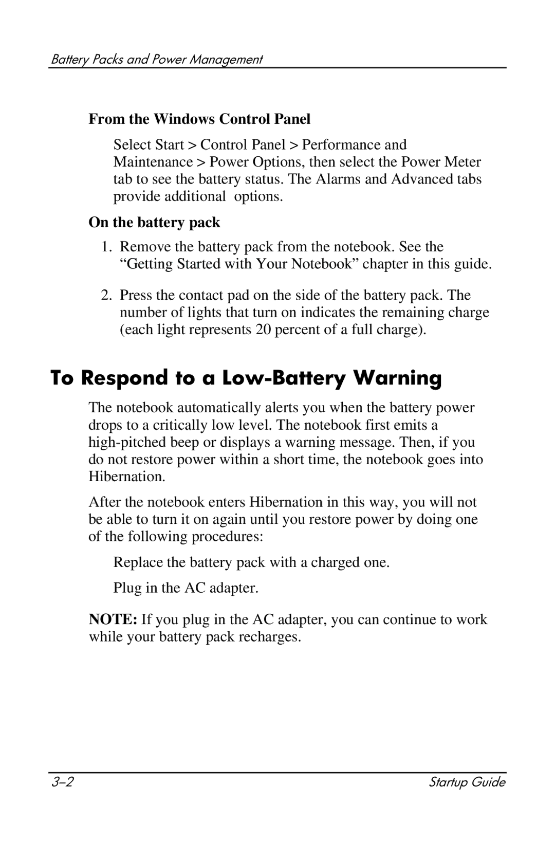 Compaq 319921-001 manual To Respond to a Low-Battery Warning, From the Windows Control Panel 