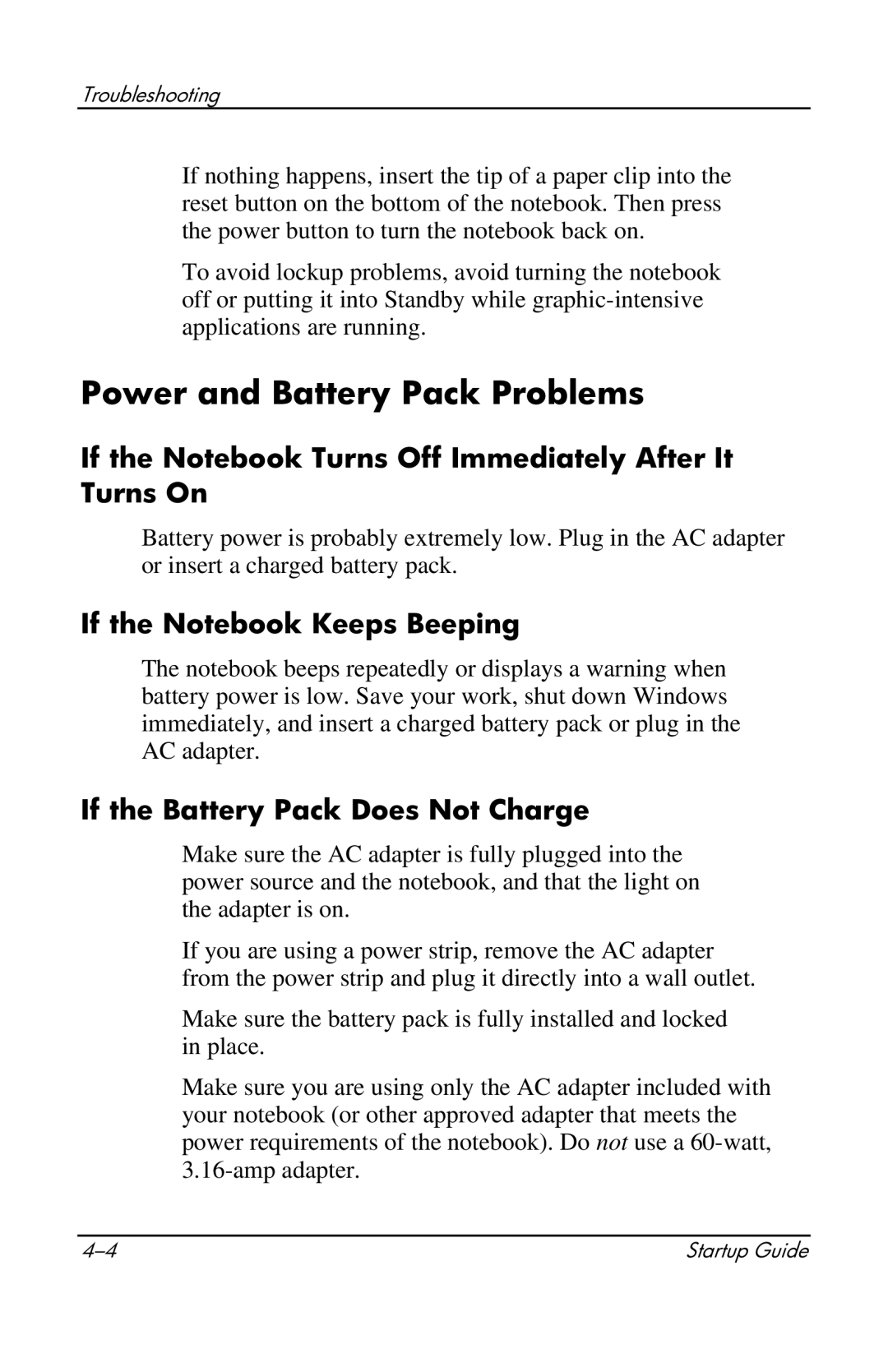 Compaq 319921-001 manual Power and Battery Pack Problems, If the Notebook Turns Off Immediately After It Turns On 