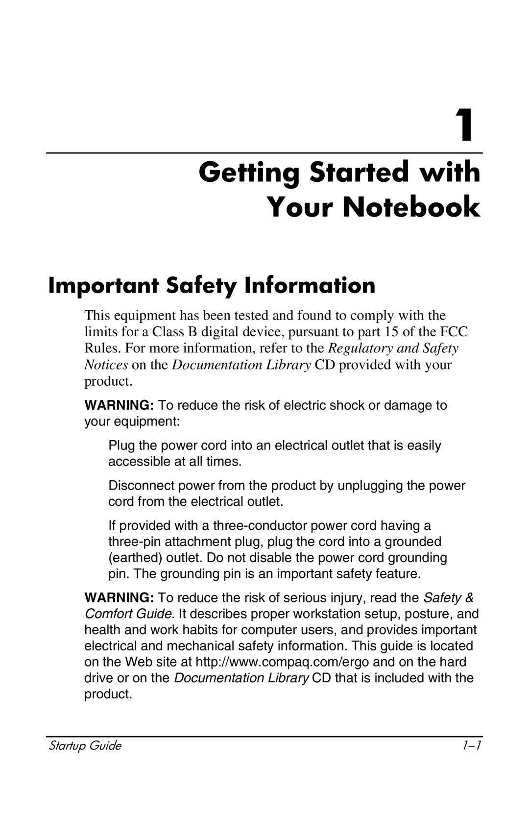 Compaq 319921-001 manual Getting Started with Your Notebook, Important Safety Information 