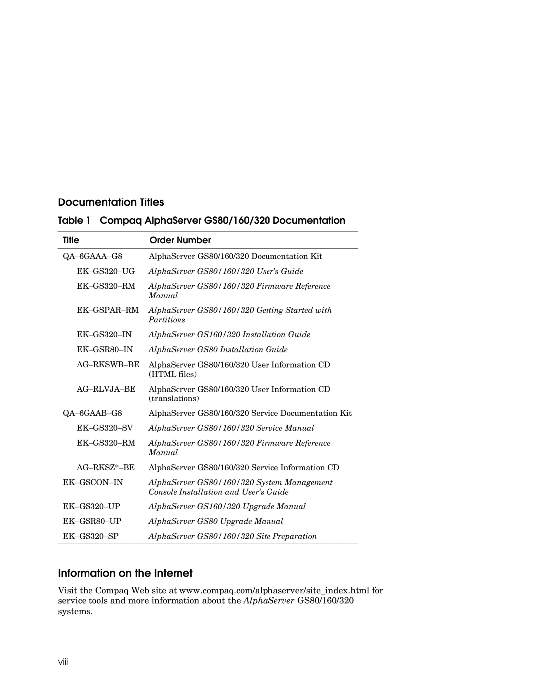 Compaq manual Documentation Titles, Information on the Internet, Compaq AlphaServer GS80/160/320 Documentation, Viii 