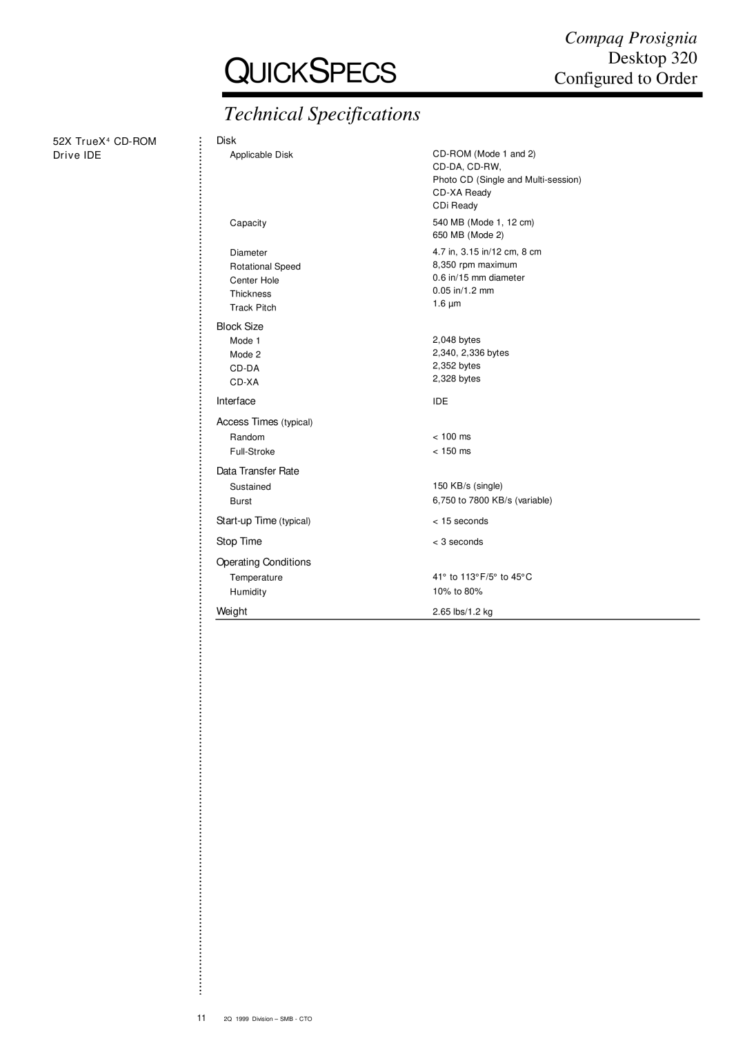 Compaq 320 specifications 52X TrueX 4 CD-ROM Drive IDE, Cd-Da, Cd-Rw 