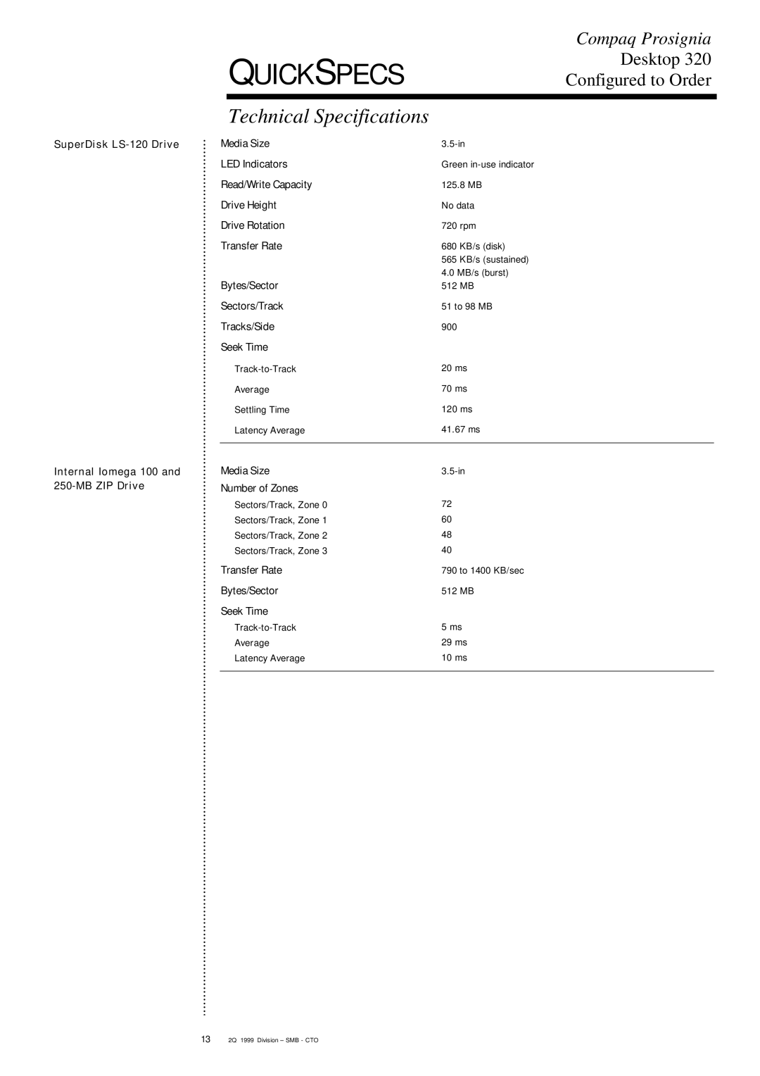 Compaq 320 specifications Media Size LED Indicators, Read/Write Capacity, Sectors/Track, Tracks/Side, Seek Time 