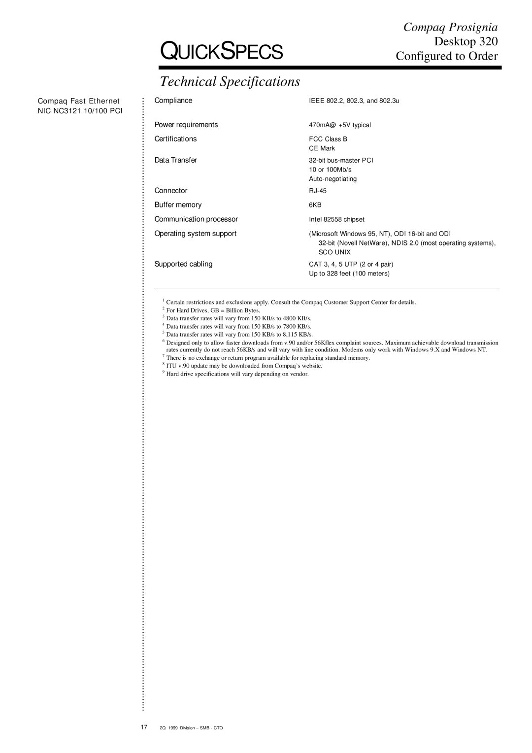 Compaq 320 specifications Compaq Fast Ethernet NIC NC3121 10/100 PCI, Power requirements, 6KB, Communication processor 