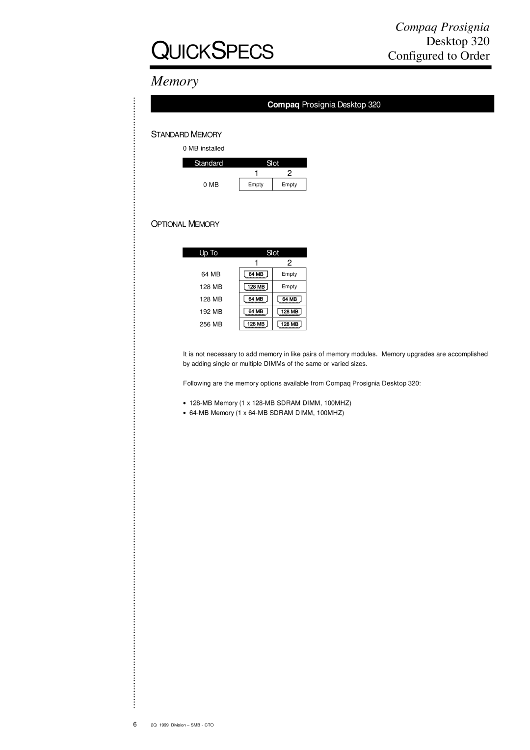 Compaq 320 specifications Memory, Compaq Prosignia Desktop 