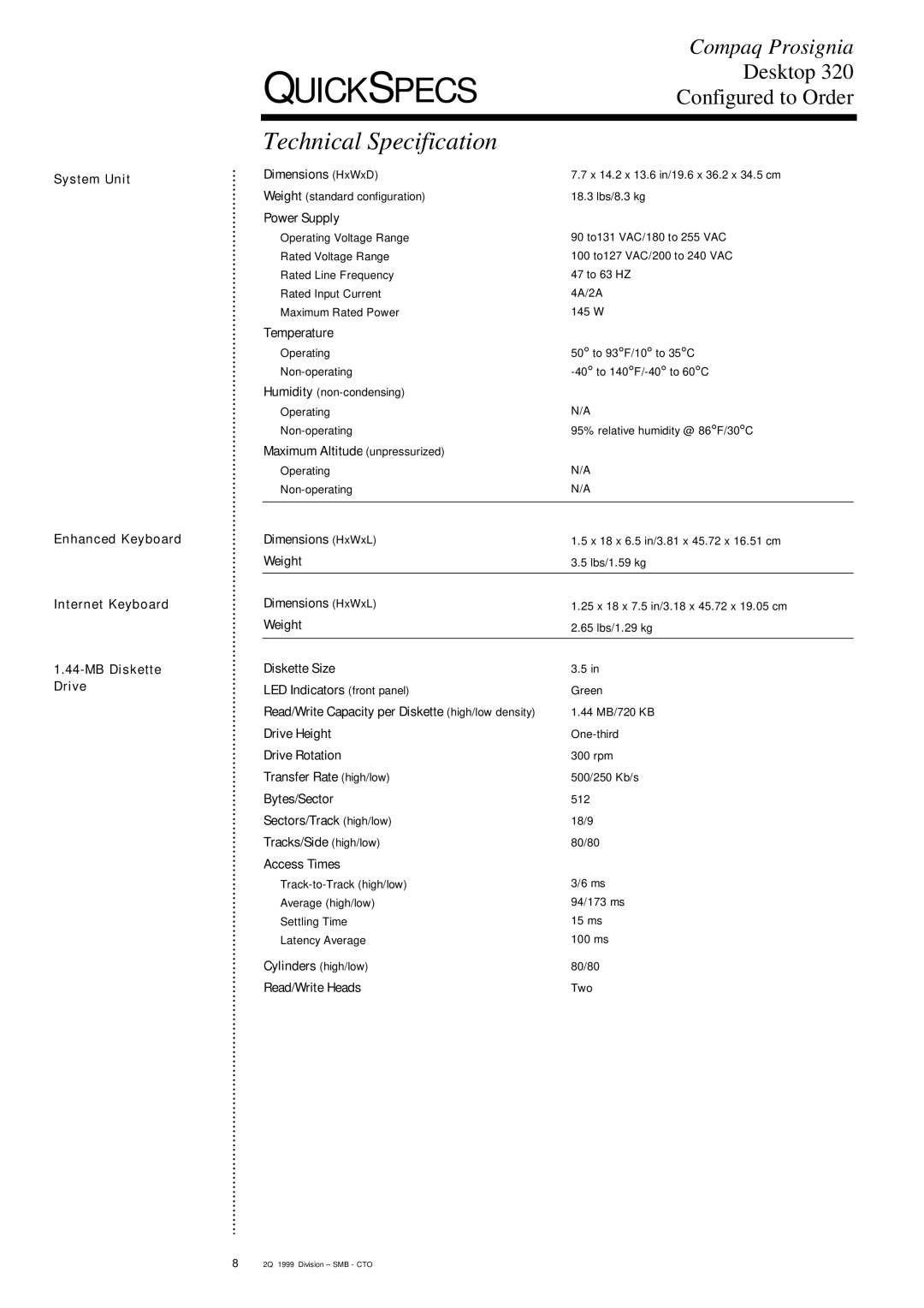 Compaq 320 specifications Technical Specification 