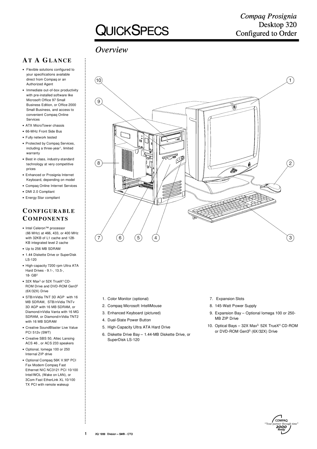 Compaq 320 specifications Quickspecs, Overview, Compaq Prosignia, Desktop, Configured to Order, A T A G L A N C E 