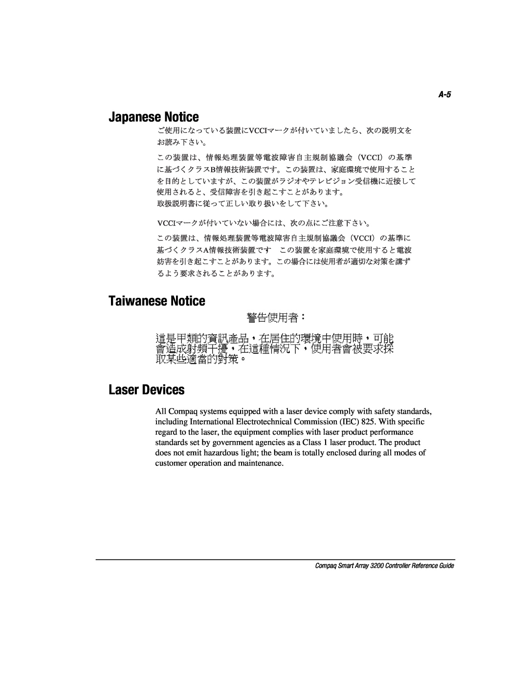 Compaq 3200 manual Japanese Notice Taiwanese Notice Laser Devices 