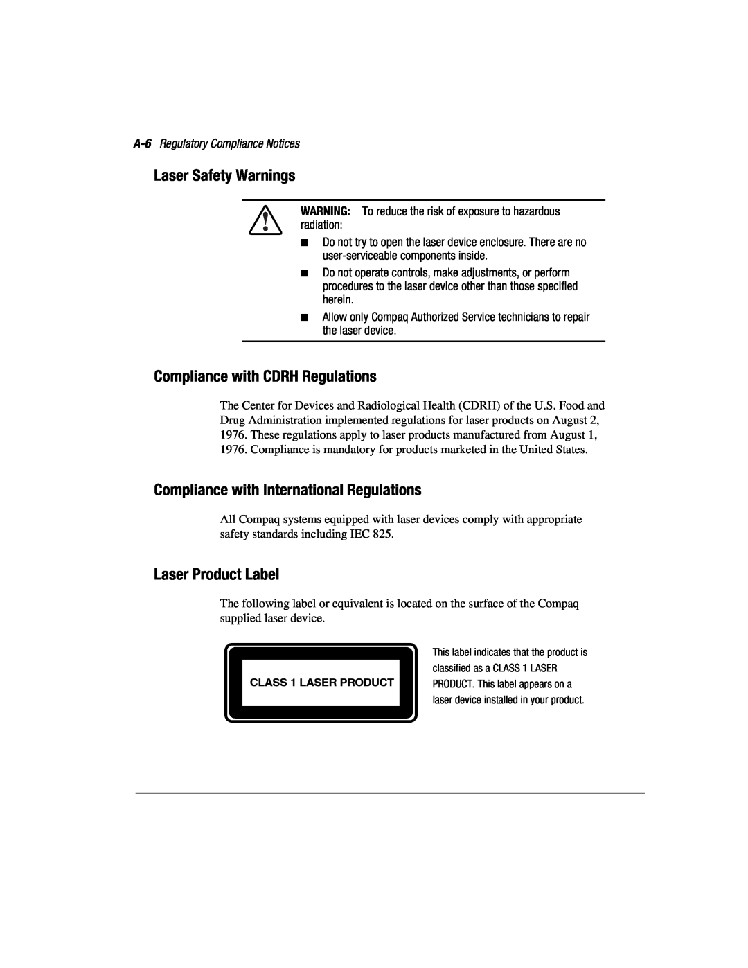Compaq 3200 manual Laser Safety Warnings, Compliance with CDRH Regulations, Compliance with International Regulations 