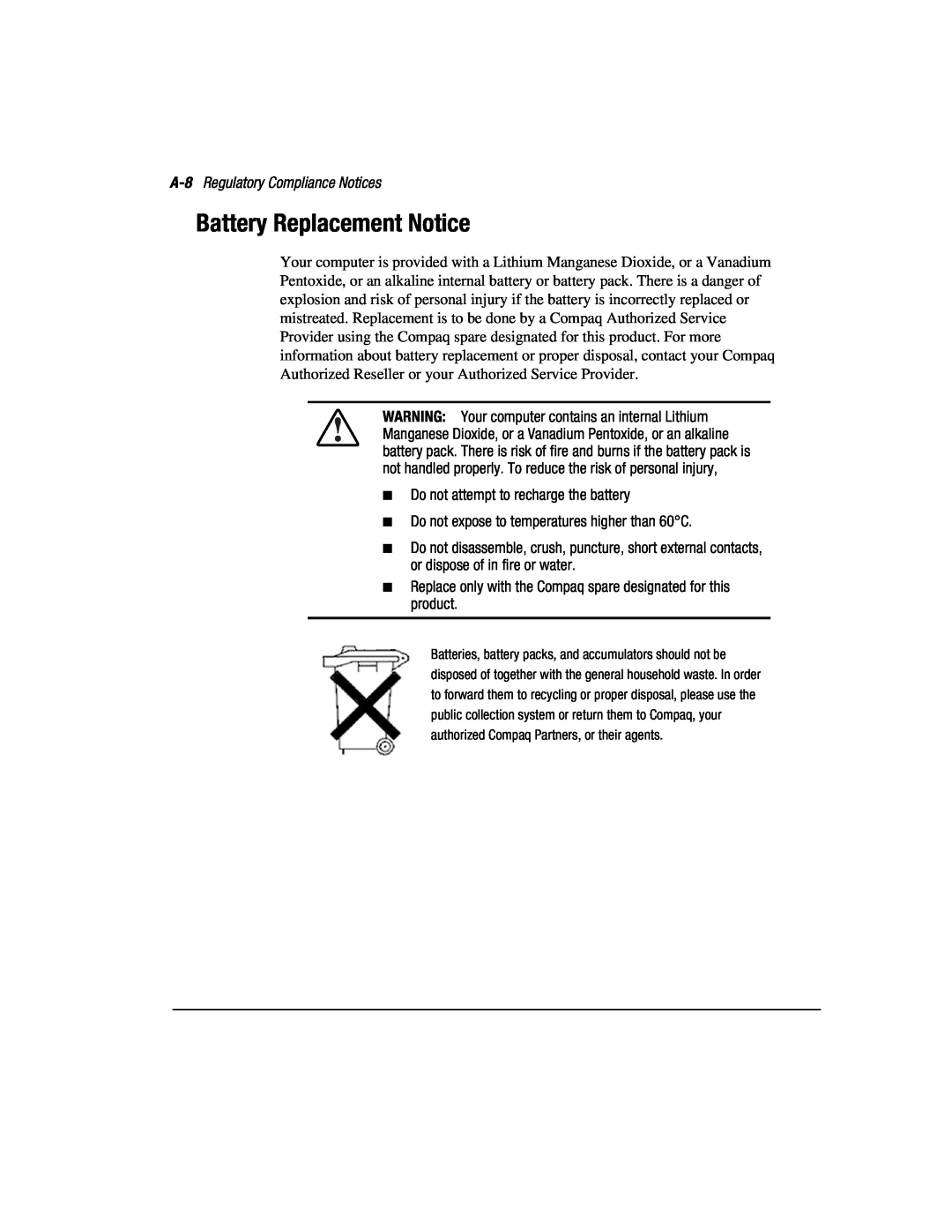Compaq 3200 manual Battery Replacement Notice, A-8 Regulatory Compliance Notices, Do not attempt to recharge the battery 