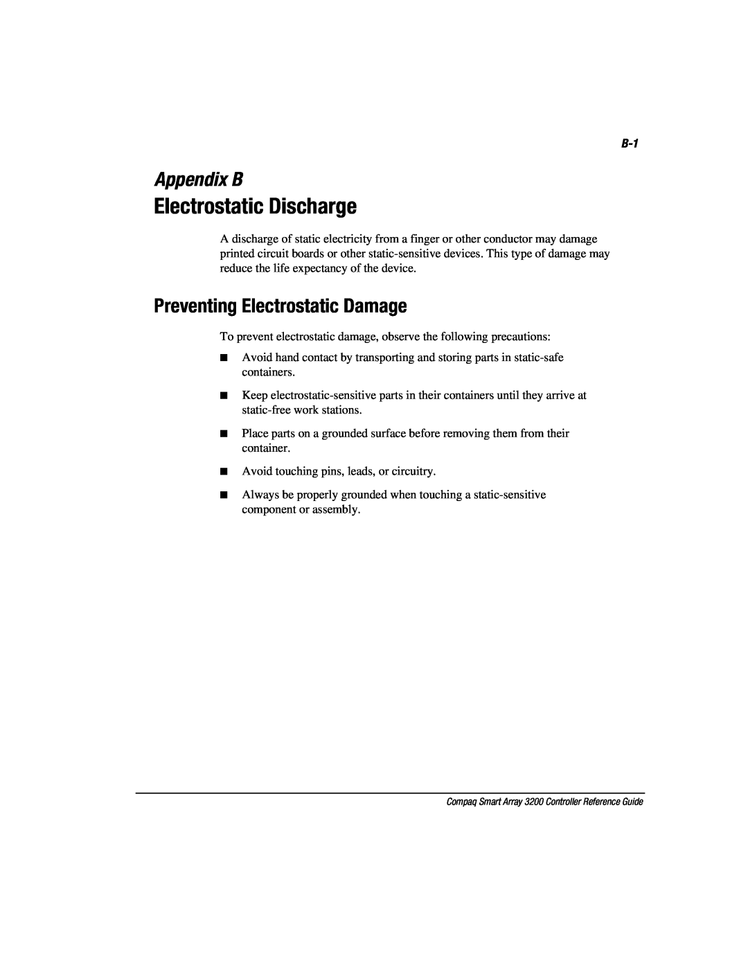 Compaq 3200 manual Electrostatic Discharge, Appendix B, Preventing Electrostatic Damage 