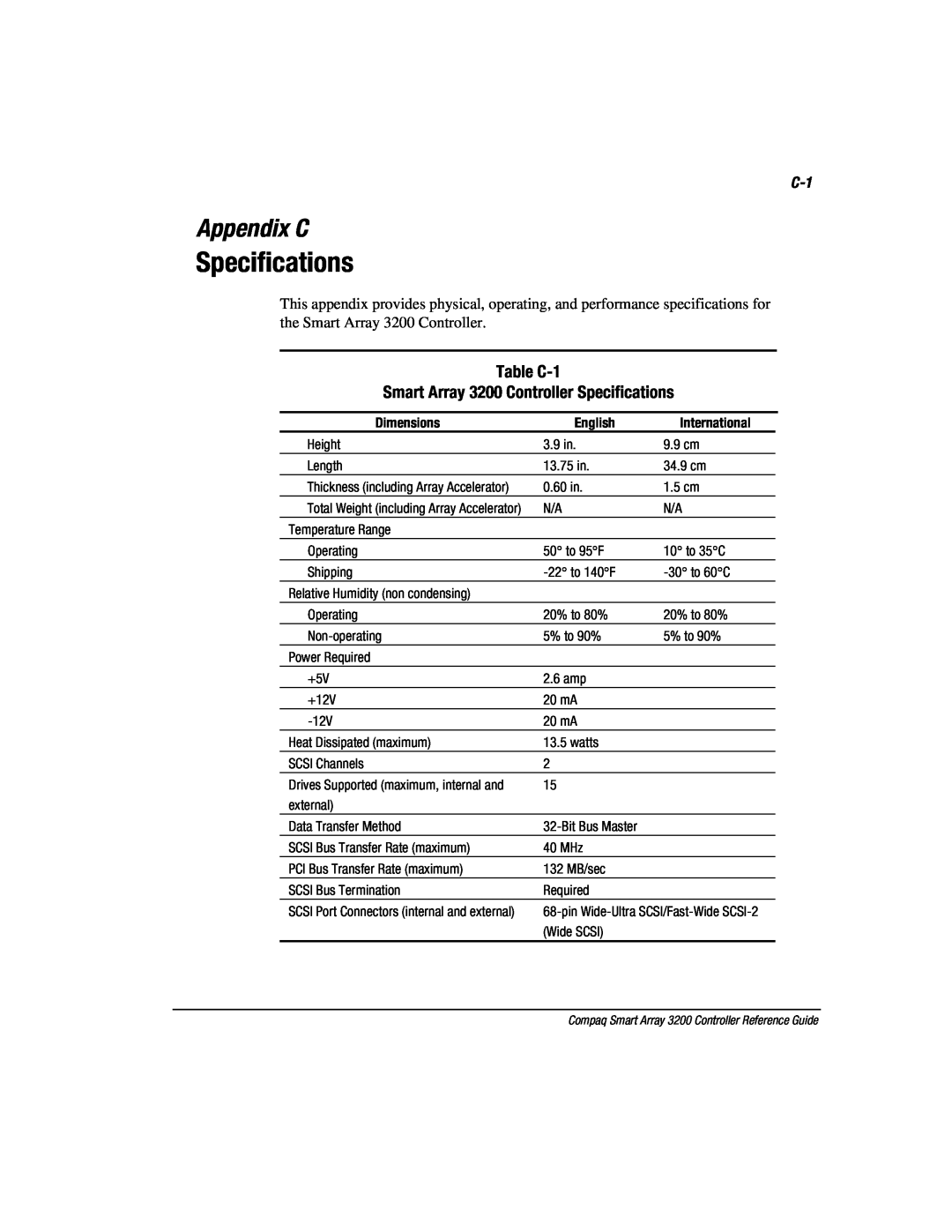 Compaq manual Appendix C, Table C-1 Smart Array 3200 Controller Specifications, Dimensions, English, International 