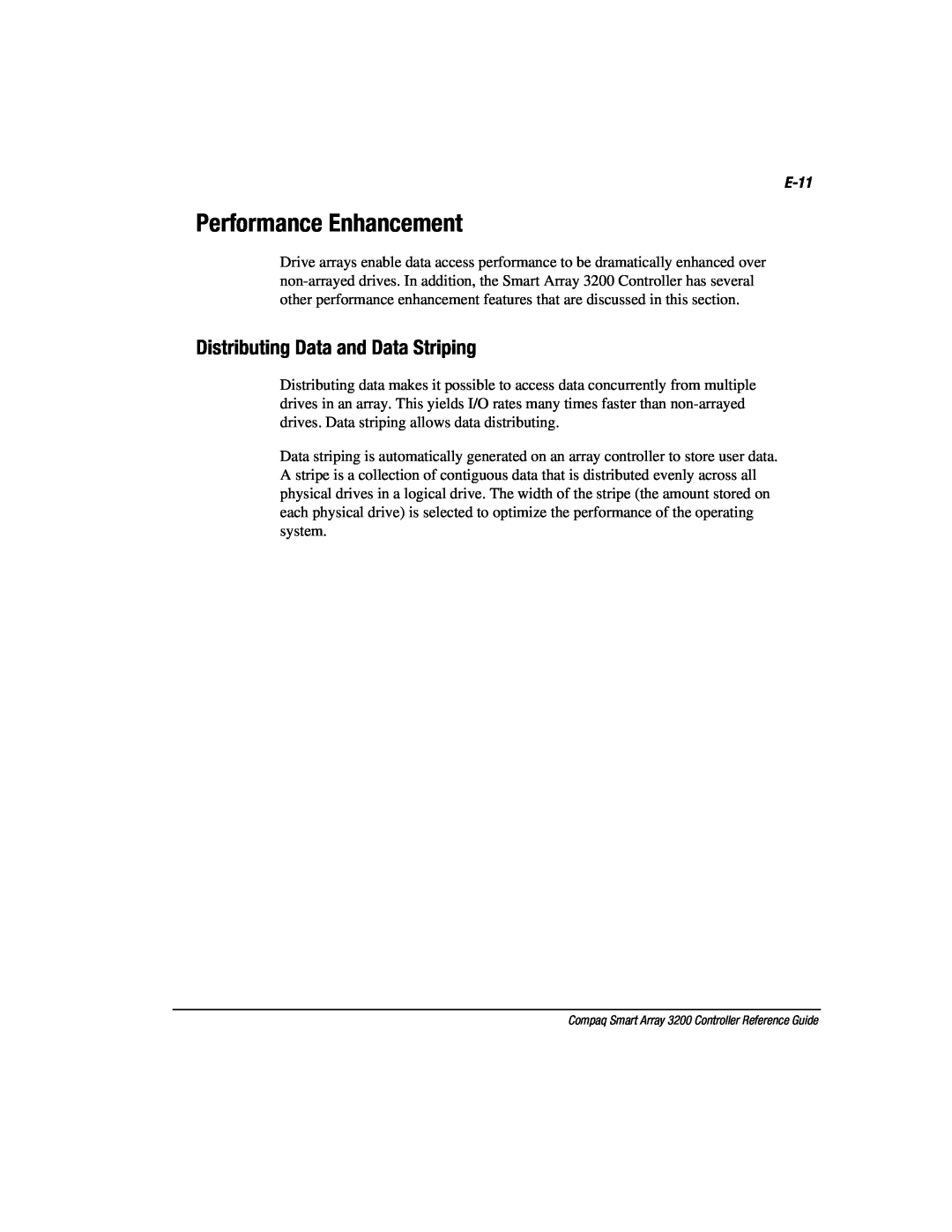 Compaq 3200 manual Performance Enhancement, Distributing Data and Data Striping, E-11 