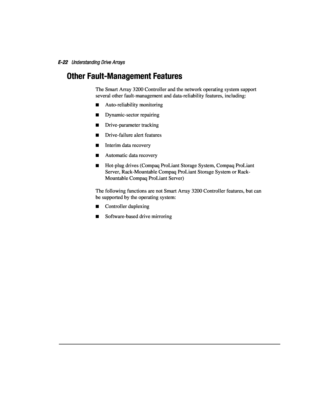 Compaq 3200 manual Other Fault-Management Features, E-22 Understanding Drive Arrays 