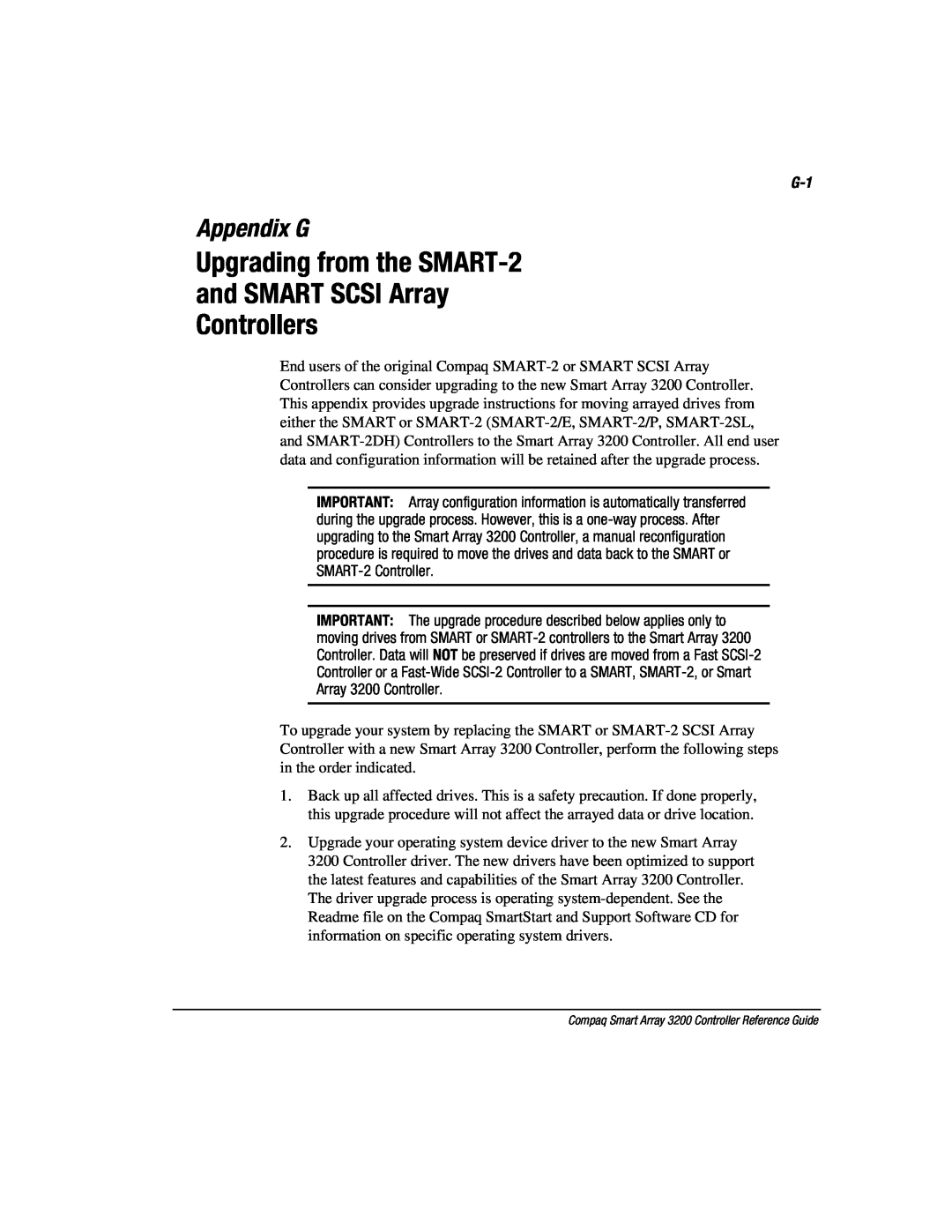 Compaq 3200 manual Upgrading from the SMART-2 and SMART SCSI Array Controllers, Appendix G 