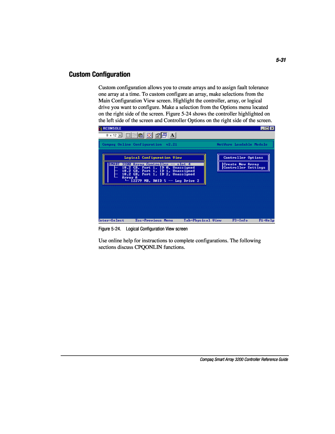 Compaq 3200 manual Custom Configuration, 5-31, 24. Logical Configuration View screen 