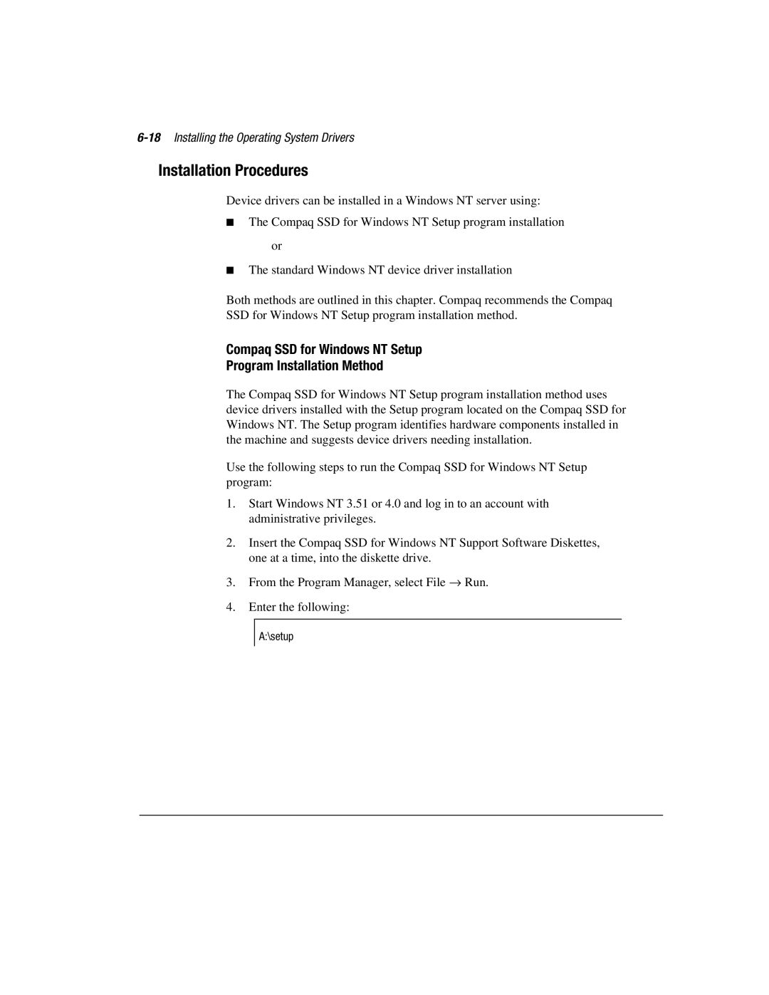 Compaq 3200 manual Installation Procedures, Compaq SSD for Windows NT Setup Program Installation Method 