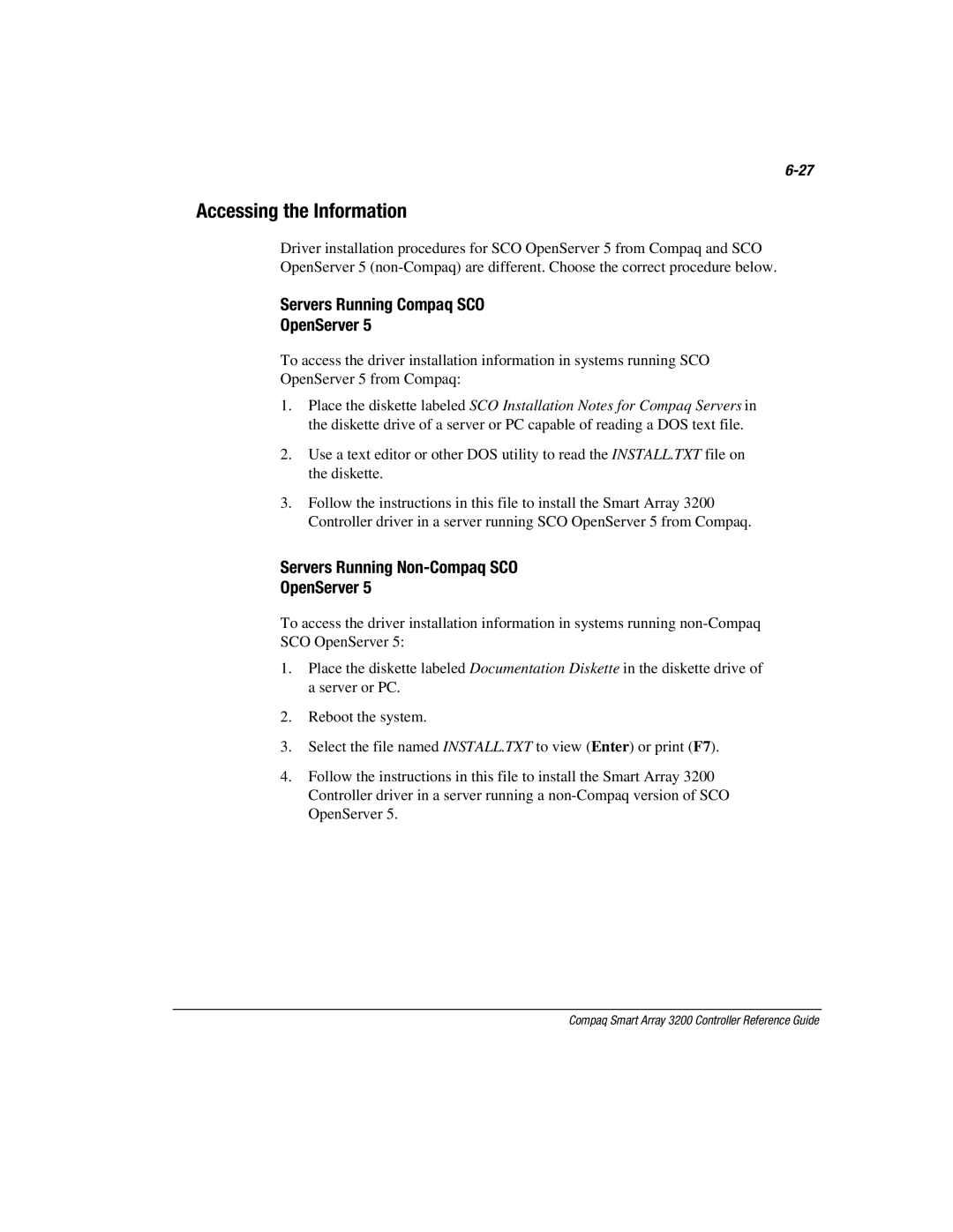 Compaq 3200 Accessing the Information, Servers Running Compaq SCO OpenServer, Servers Running Non-Compaq SCO OpenServer 