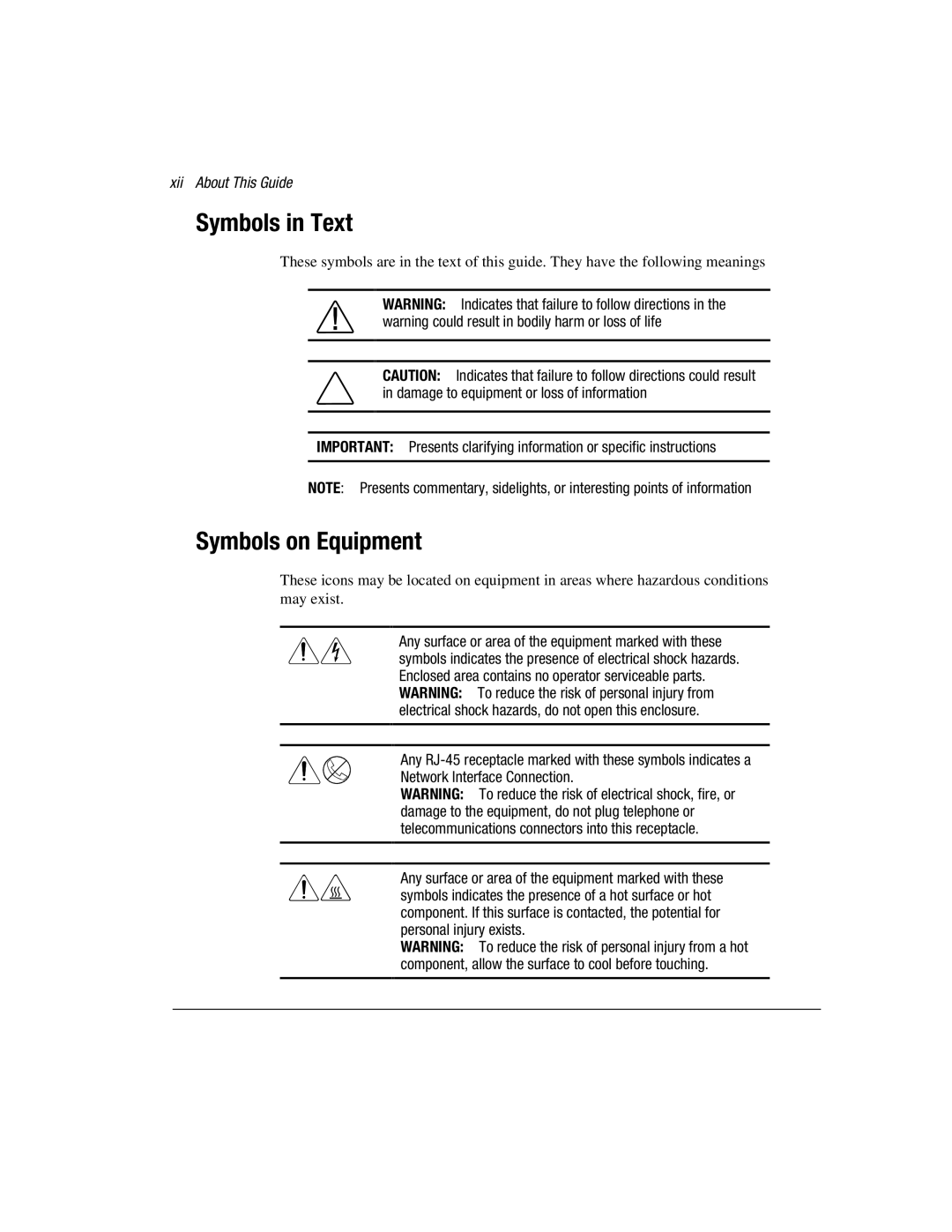 Compaq 3200 manual Symbols in Text, Symbols on Equipment, Xii About This Guide 