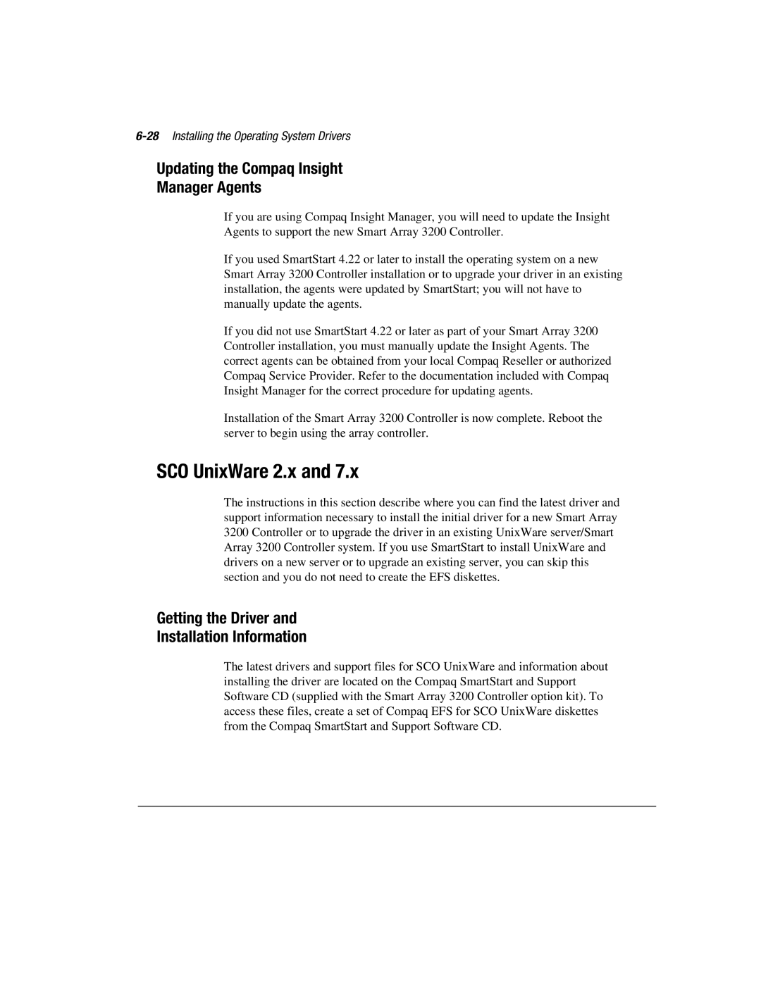 Compaq 3200 manual SCO UnixWare 2.x, 28Installing the Operating System Drivers 