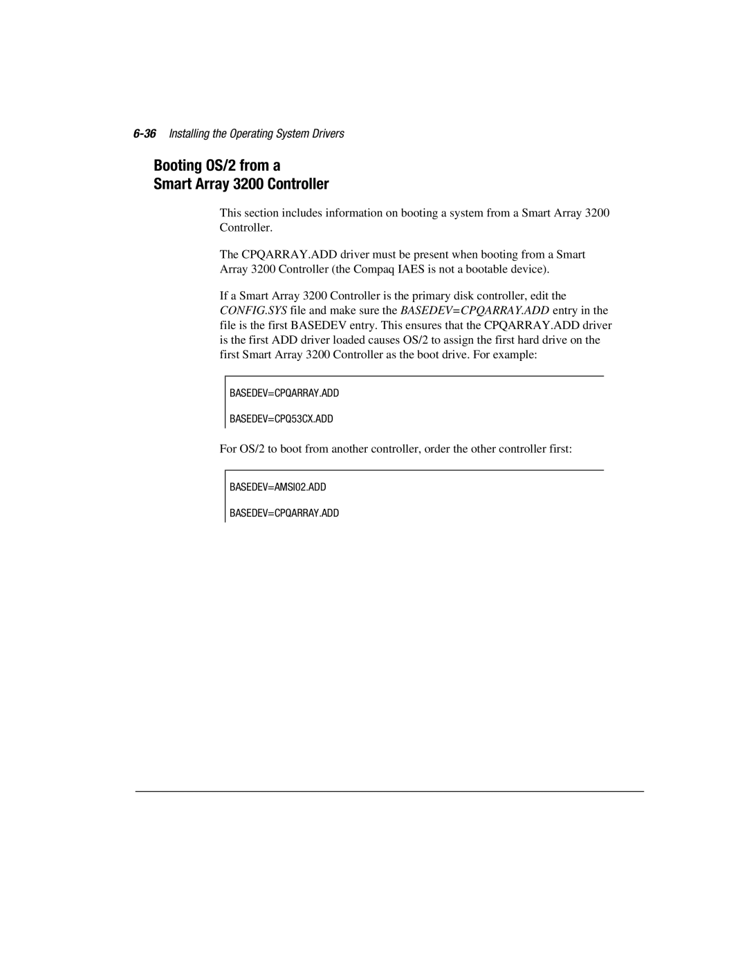 Compaq manual Booting OS/2 from a Smart Array 3200 Controller, 36Installing the Operating System Drivers 