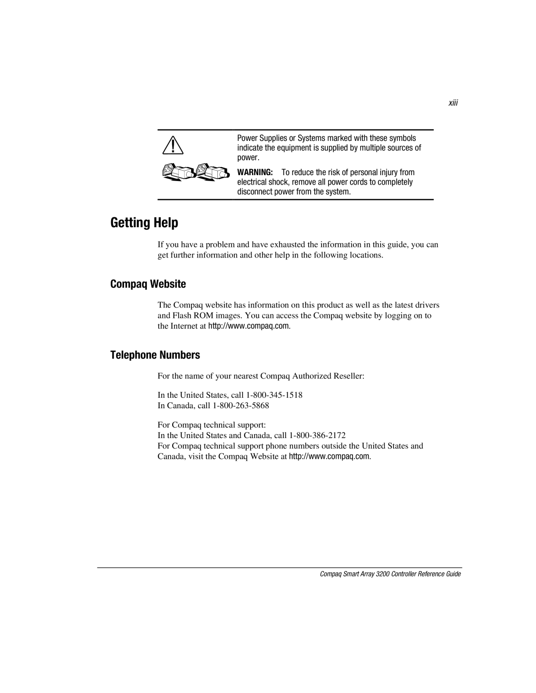 Compaq 3200 manual Getting Help, Compaq Website Telephone Numbers, Xiii 