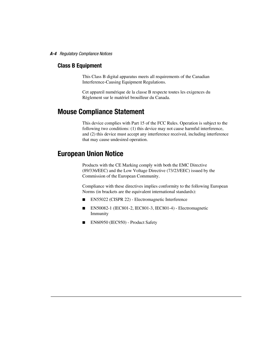 Compaq 3200 manual Mouse Compliance Statement, European Union Notice, 4Regulatory Compliance Notices 