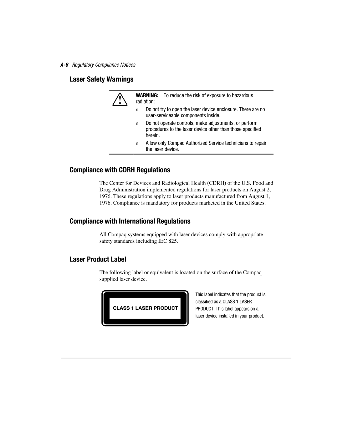 Compaq 3200 manual Laser Safety Warnings, Compliance with Cdrh Regulations, Compliance with International Regulations 