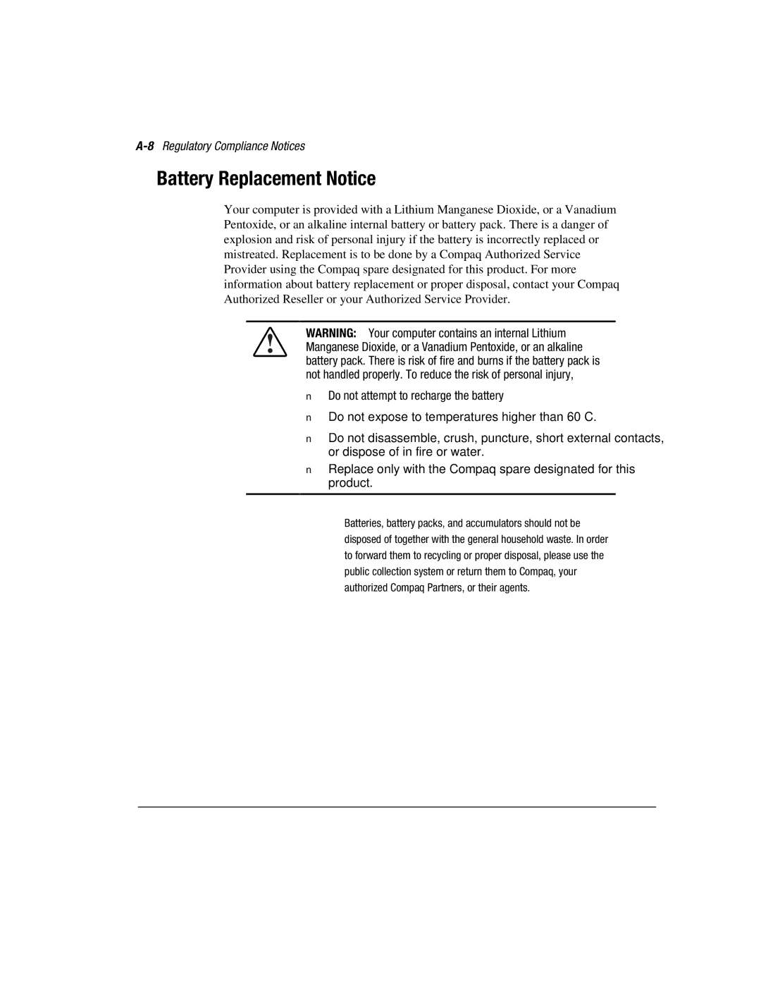 Compaq 3200 manual Battery Replacement Notice, 8Regulatory Compliance Notices 