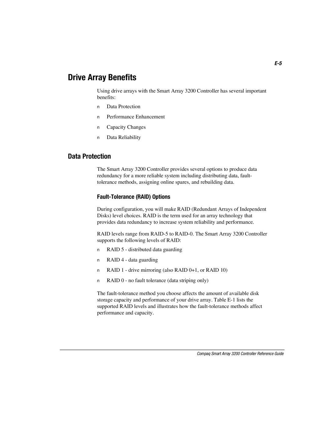 Compaq 3200 manual Drive Array Benefits, Data Protection, Fault-Tolerance RAID Options 