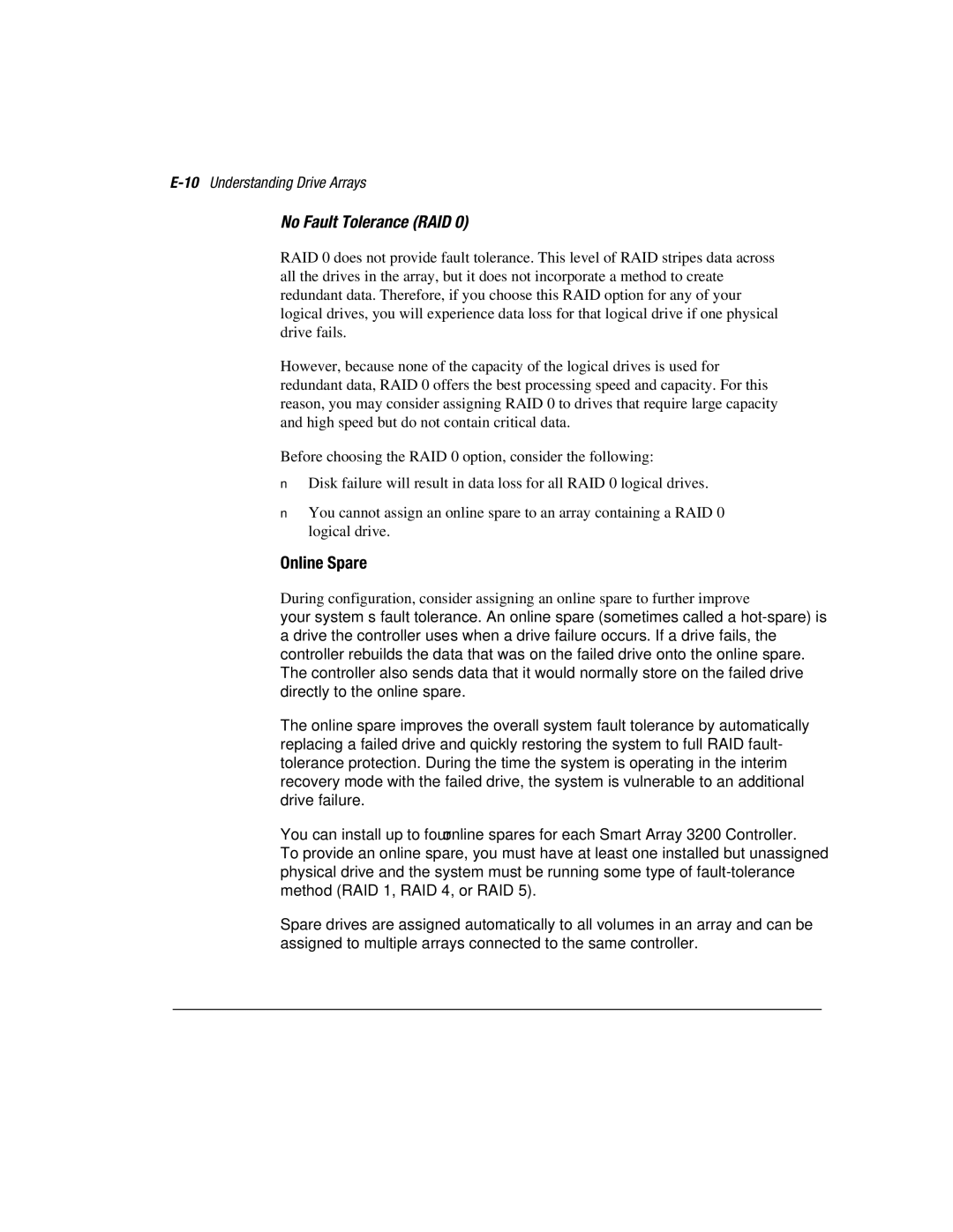 Compaq 3200 manual No Fault Tolerance RAID, Online Spare, 10Understanding Drive Arrays 