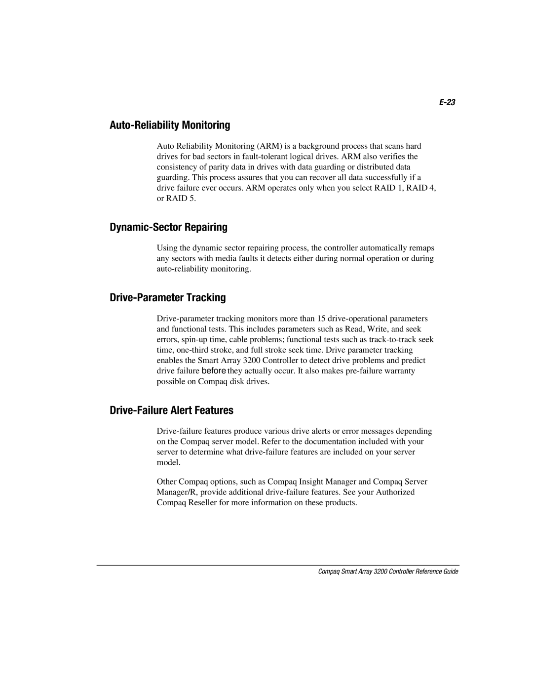 Compaq 3200 Auto-Reliability Monitoring, Dynamic-Sector Repairing, Drive-Parameter Tracking, Drive-Failure Alert Features 