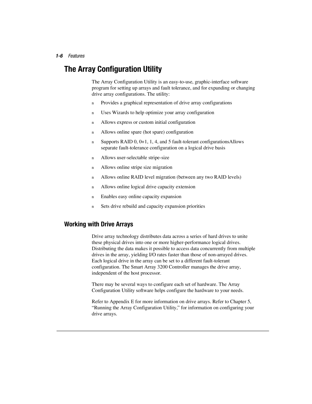 Compaq 3200 manual Array Configuration Utility, Working with Drive Arrays, 6Features 